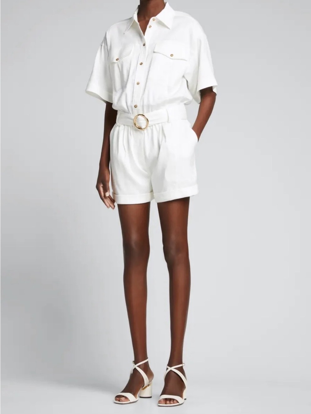 FRAME Arie Belted Utility Romper White XL Gold Hardware Short Sleeve